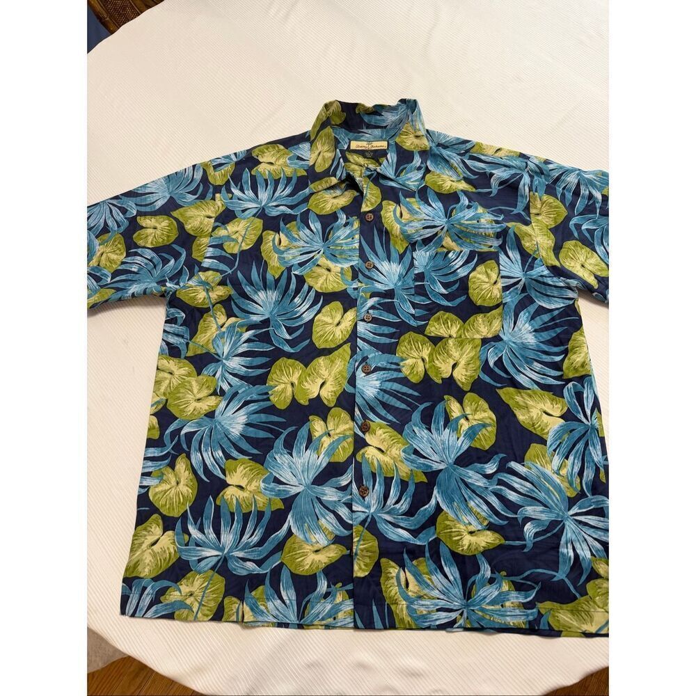 Tommy Bahama Men’s Blue Paisley Palm Leaf Silk Button Up Shirt Size XL